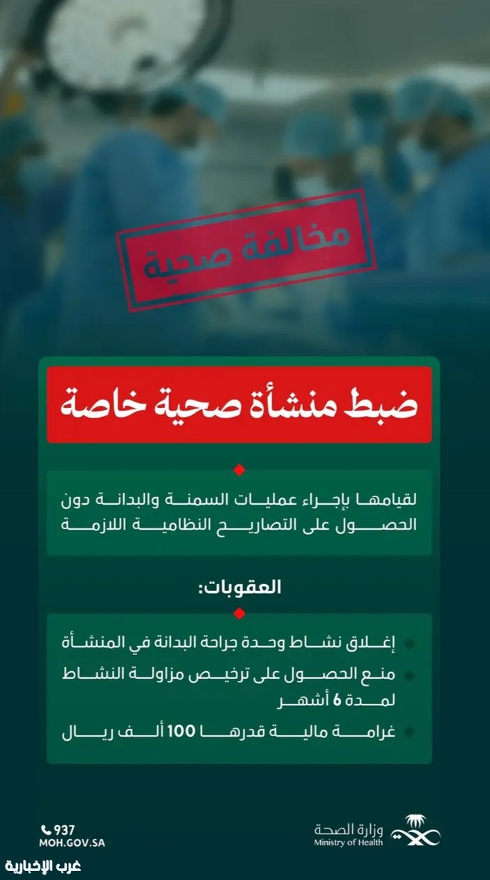 إغلاق منشأة بجدة أجرت جراحات سمنة دون ترخيص إغلاق منشأة بجدة أجرت جراحات سمنة دون ترخيص