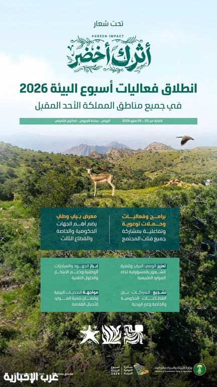 انطلاق أسبوع البيئة السعودي 2026 غدًا في الرياض تحت شعار "أثرك أخضر"