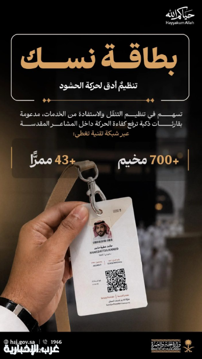 بطاقة "نسك" تدعم تنظيم تفويج الحجاج بأنظمة استشعار ذكية في مشعر منى