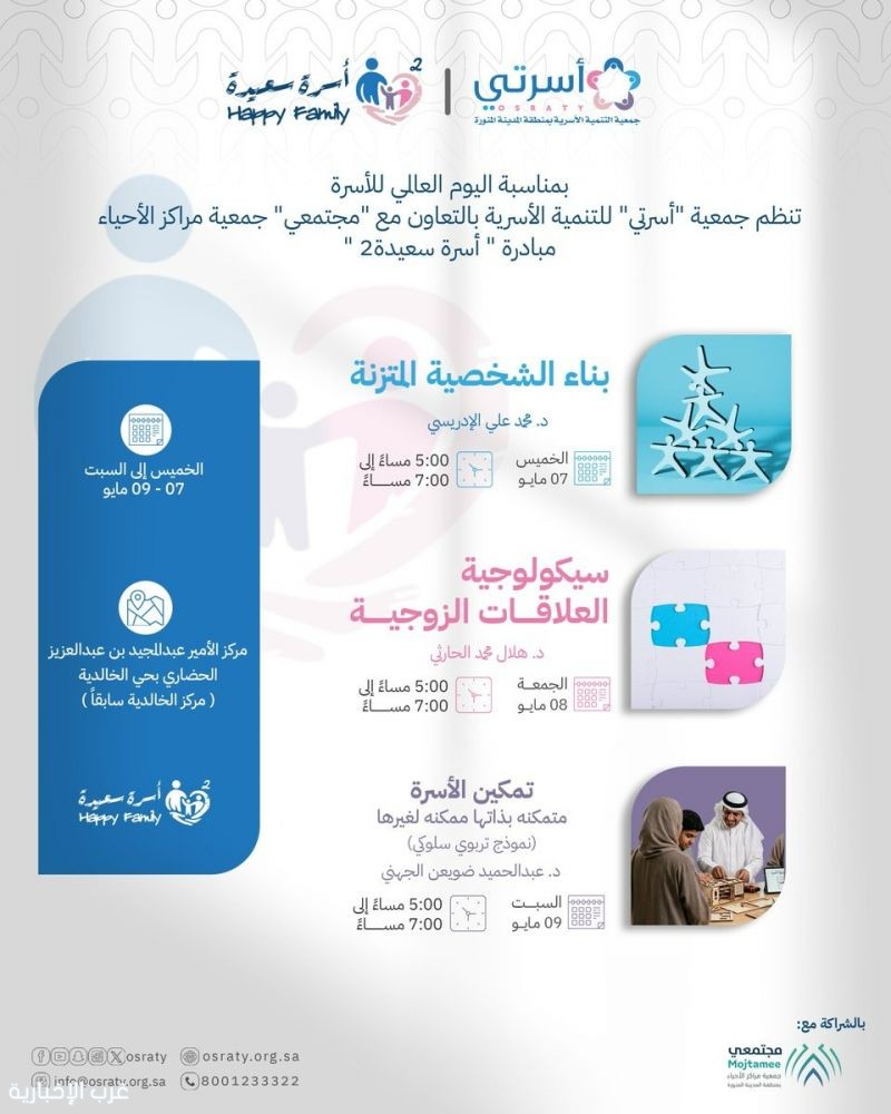 بمناسبة اليوم العالمي للأسرة.. "أسرتي" و"مجتمعي" يطلقان فعاليات "أسرة سعيدة 2" بالمدينة المنورة
