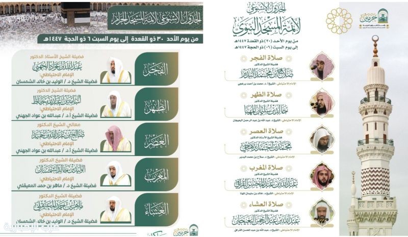 اعتماد الجدول الأسبوعي لأئمة الحرمين الشريفين خلال الأسبوع الحالي