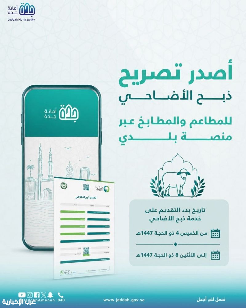 أمانة جدة تبدأ استقبال طلبات تصاريح ذبح الأضاحي رقميًا عبر منصة "بلدي"