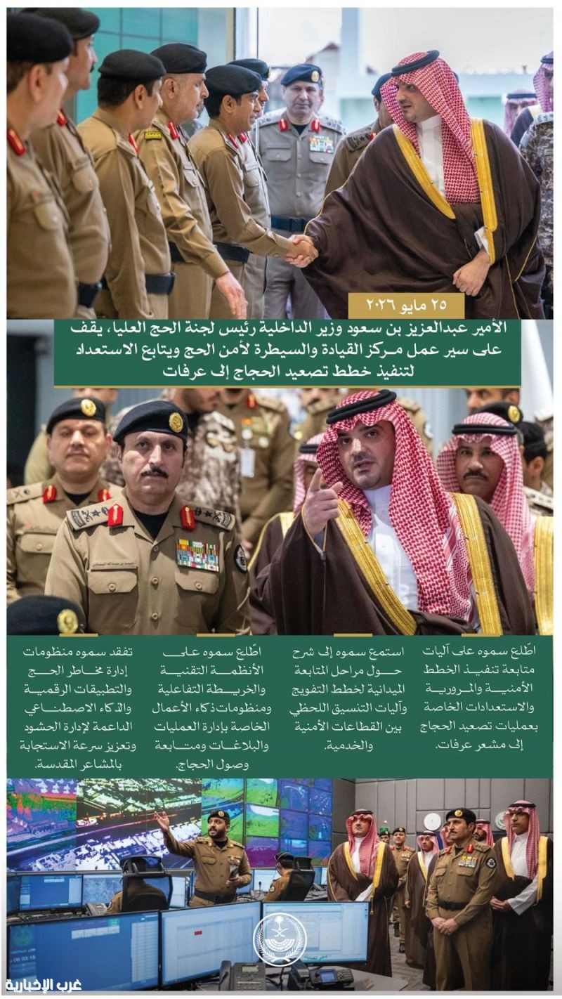 وزير الداخلية يتفقد مركز القيادة والسيطرة استعدادًا لتصعيد الحجاج إلى عرفات