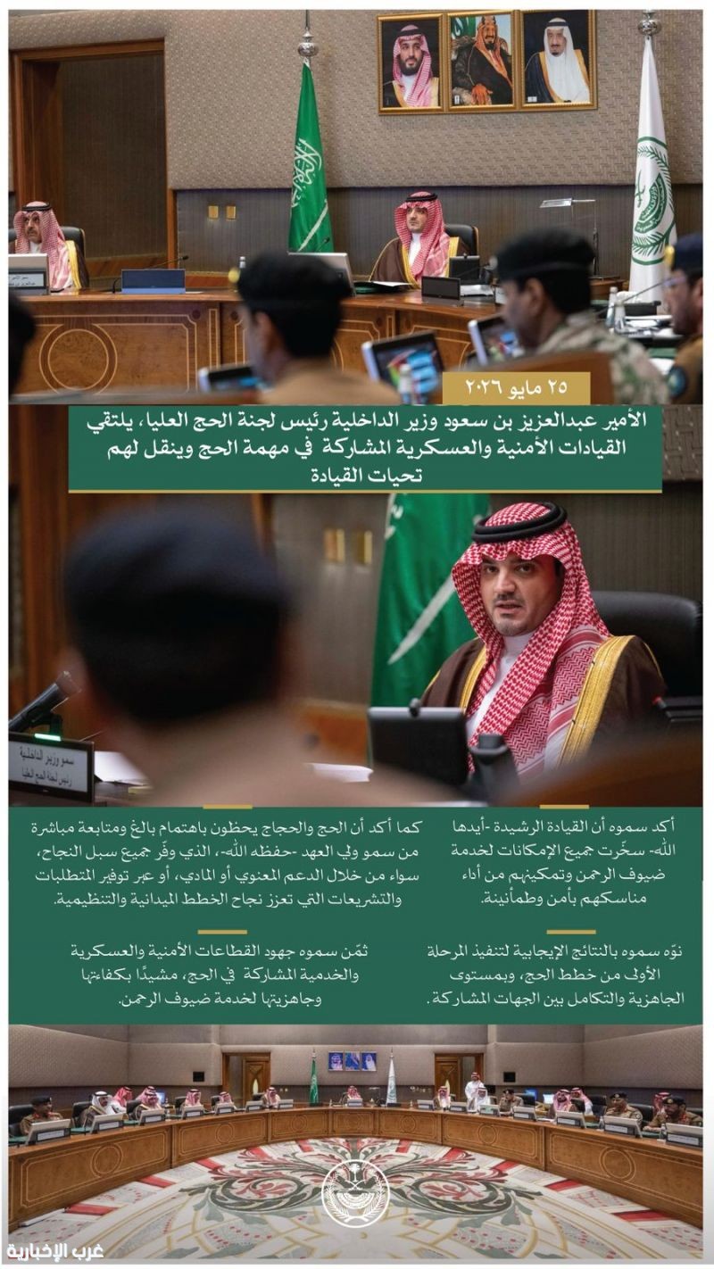 > الأمير عبدالعزيز بن سعود وزير الداخلية رئيس لجنة الحج العليا يلتقي القيادات الأمنية والعسكرية للحج نقل صاحب السمو الملكي الأمير عبدالعزيز بن سعود بن نايف بن عبدالعزيز وزير الداخلية رئيس لجنة الحج العليا، تحيات خادم الحرمين الشريفين الملك سلمان بن ع > الأمير عبدالعزيز بن سعود وزير الداخلية رئيس لجنة الحج العليا يلتقي القيادات الأمنية والعسكرية للحج نقل صاحب السمو الملكي الأمير عبدالعزيز بن سعود بن نايف بن عبدالعزيز وزير الداخلية رئيس لجنة الحج العليا، تحيات خادم الحرمين الشريفين الملك سلمان بن ع