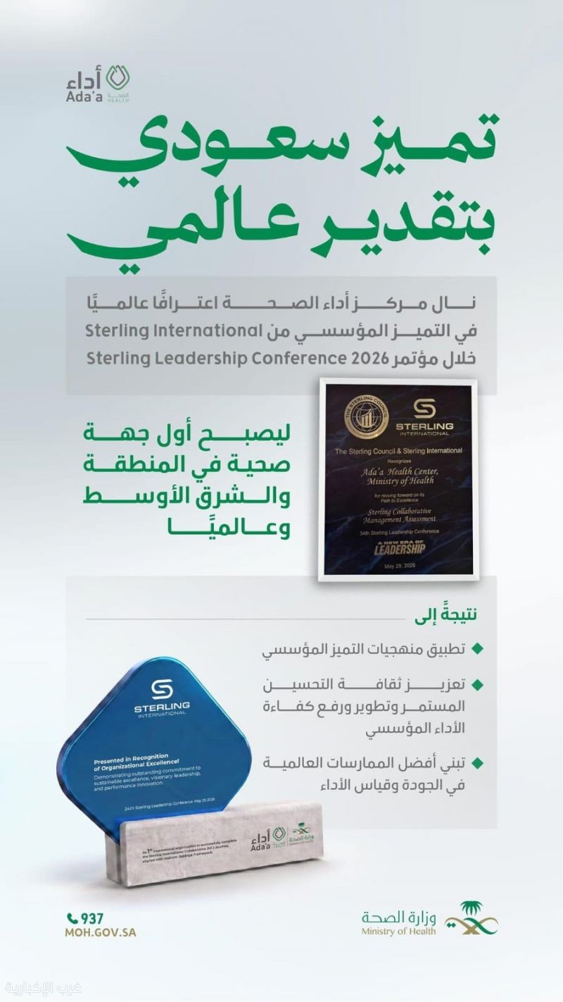 مركز "أداء الصحة" التابع لوزارة الصحة يحصل على شهادة تقدير "سترلينغ العالمية"