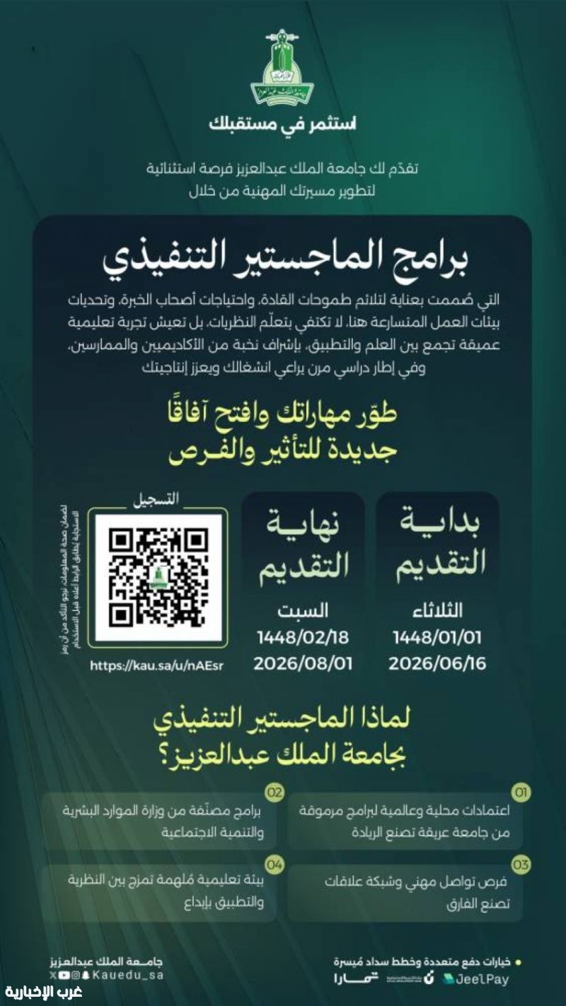 جامعة الملك عبدالعزيز تفتح باب القبول في برامج الماجستير التنفيذي للعام الجامعي 1448هـ