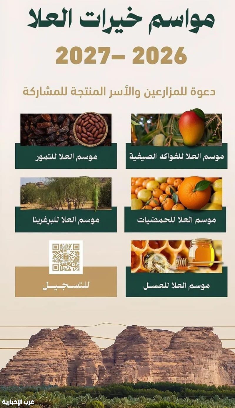 الهيئة الملكية للعُلا تدعو المزارعين والأسر المنتجة للمشاركة في مواسم «خيرات العُلا» 2026 - 2027 الهيئة الملكية للعُلا تدعو المزارعين والأسر المنتجة للمشاركة في مواسم «خيرات العُلا» 2026 - 2027