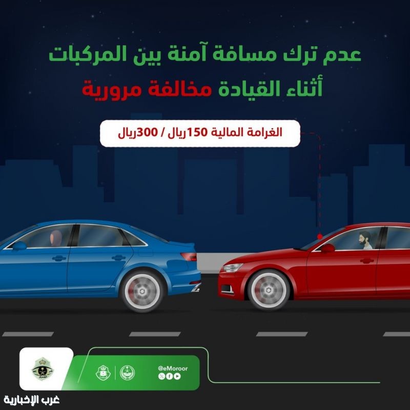 لمنع الحوادث الخلفية.. «المرور» يلوّح بغرامة الـ 300 ريال لغير الملتزمين بالمسافة الآمنة لمنع الحوادث الخلفية.. «المرور» يلوّح بغرامة الـ 300 ريال لغير الملتزمين بالمسافة الآمنة