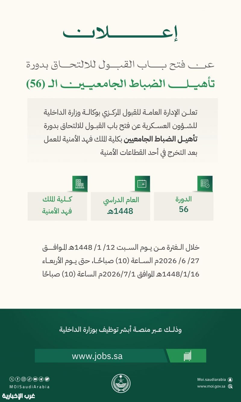 وزارة الداخلية تفتح القبول في دورة تأهيل الضباط الجامعيين الـ56 بكلية الملك فهد الأمنية