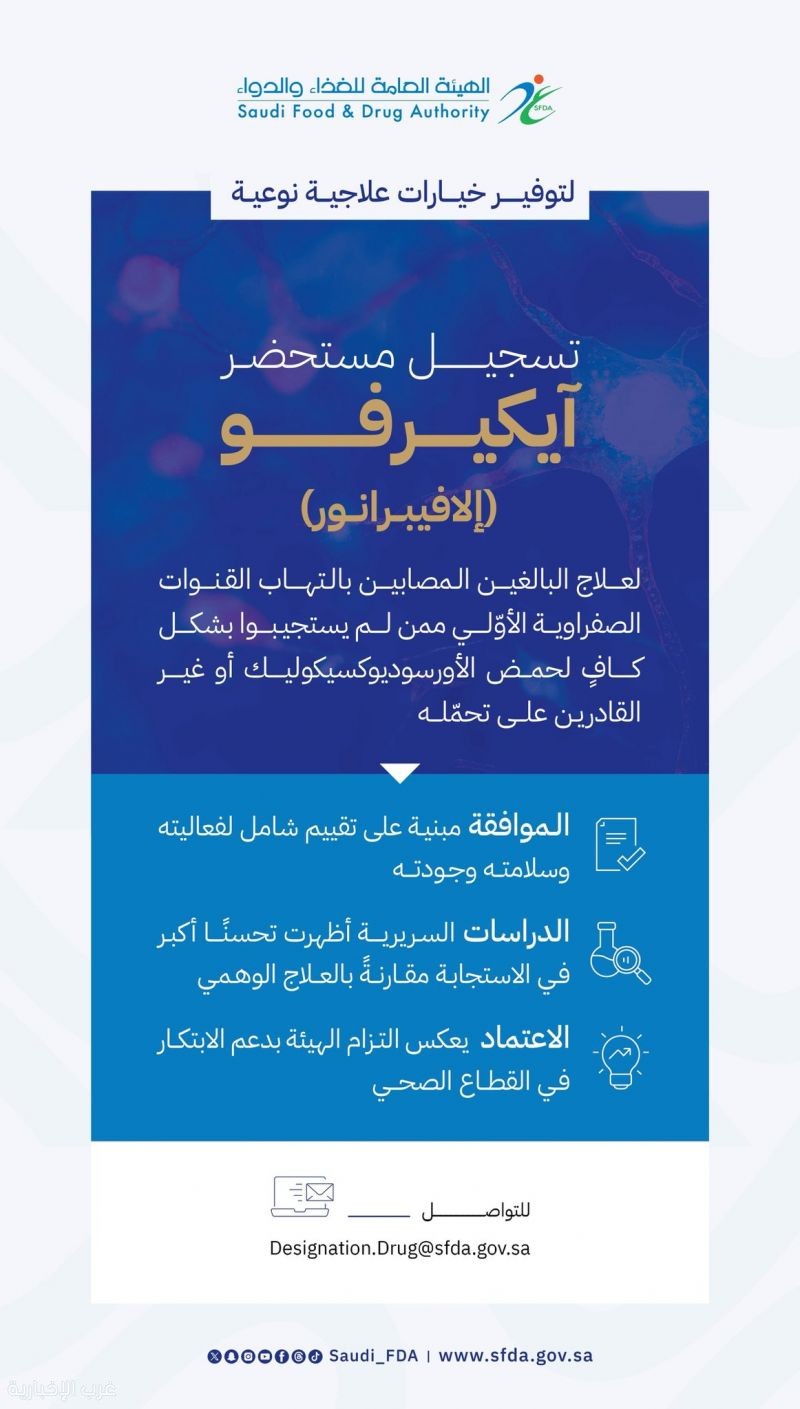 "الغذاء والدواء" تعتمد تسجيل مستحضر "آيكيرفو" لعلاج التهاب القنوات الصفراوية الأوّلي