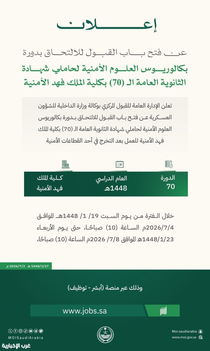 ابتداءً من السبت.. فتح باب القبول للالتحاق بدورة بكالوريوس العلوم الأمنية لحاملي شهادة الثانوية العامة الـ(70) بكلية الملك فهد الأمنية ابتداءً من السبت.. فتح باب القبول للالتحاق بدورة بكالوريوس العلوم الأمنية لحاملي شهادة الثانوية العامة الـ(70) بكلية الملك فهد الأمنية