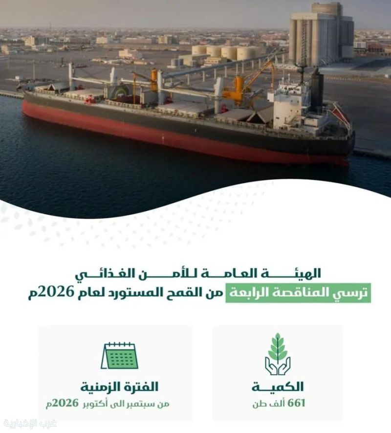 «الأمن الغذائي» تُرسّي الدفعة الرابعة من القمح المستورد لعام 2026م بكمية 661 ألف طن