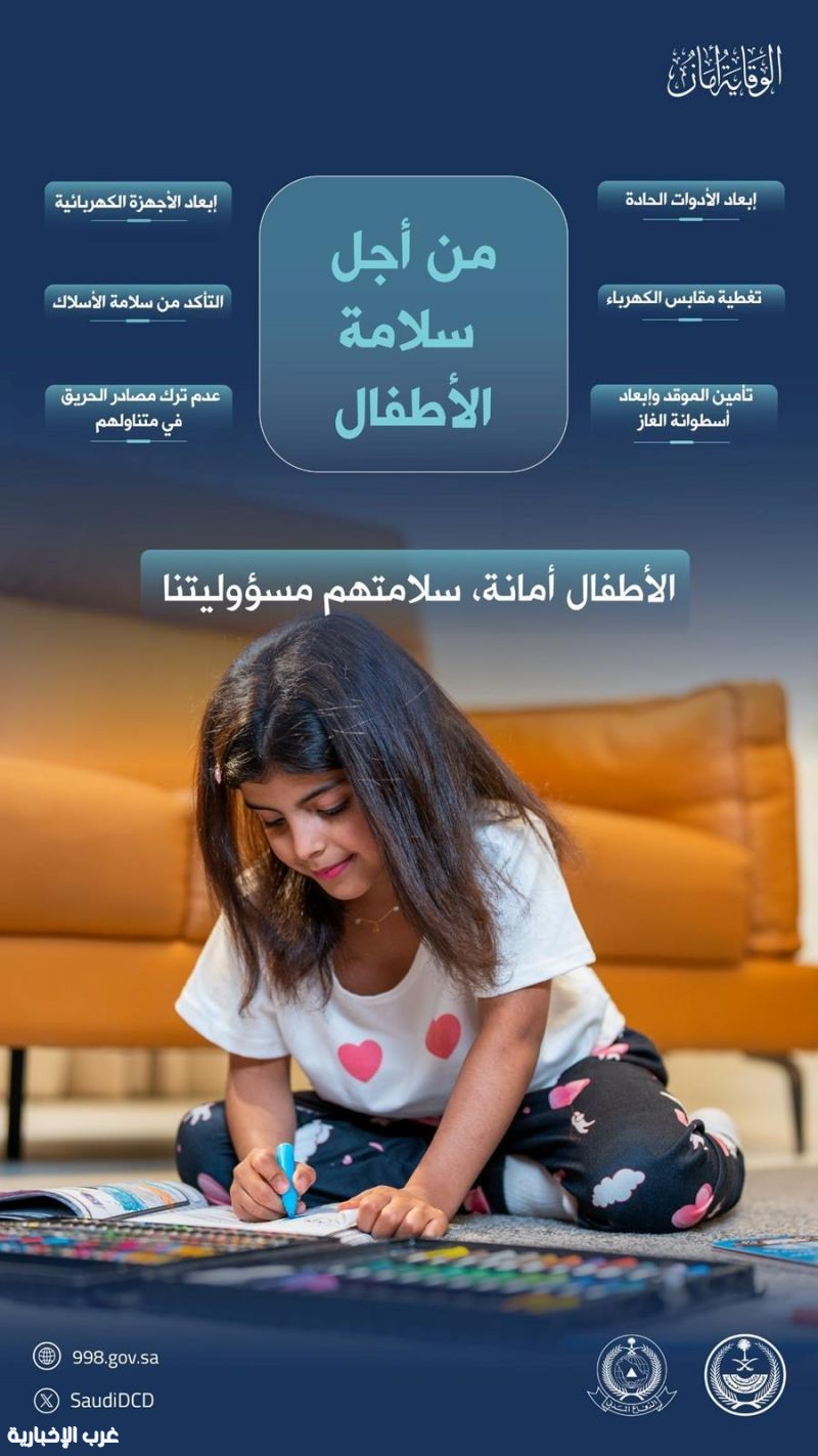 الدفاع المدني يؤكد أهمية المحافظة على سلامة الأطفال من مصادر الخطر داخل المنازل الدفاع المدني يؤكد أهمية المحافظة على سلامة الأطفال من مصادر الخطر داخل المنازل