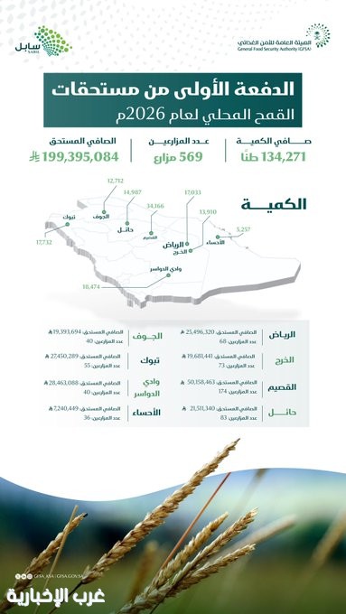 صرف مستحقات الدفعة الأولى لمزارعي القمح المحلي بمبلغ إجمالي (199) مليون ريال. 