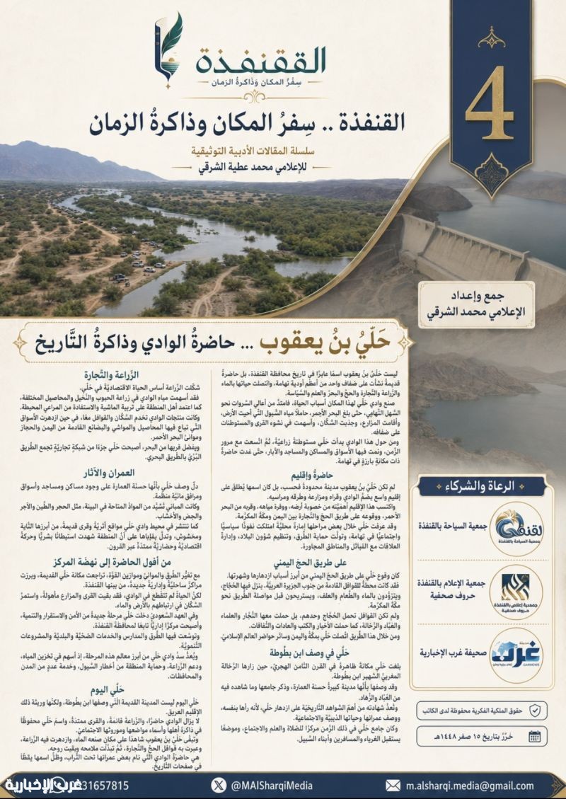 سلسلة مشروع "القنفذةُ‬⁩ … سِفْرُ المكان وذاكرةُ الزَّمان 4": حلي بن يعقوب … حاضرةُ الوادي وذاكرةُ التَّاريخ