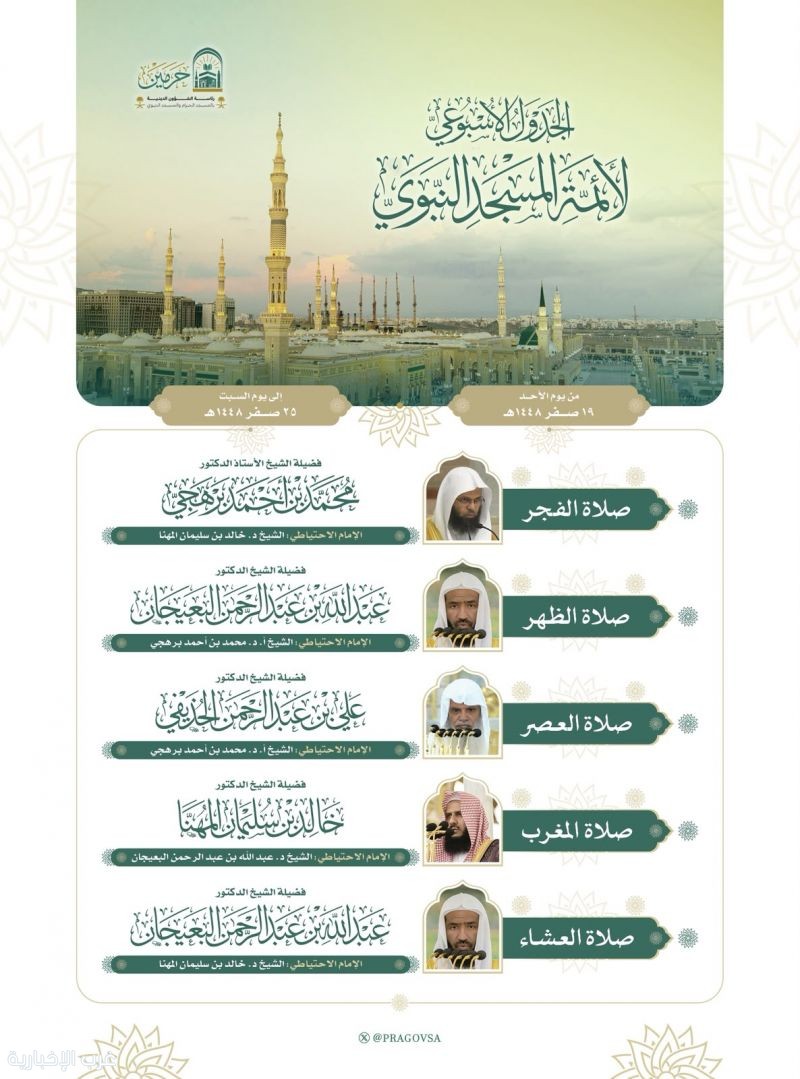 رئاسة الشؤون الدينية تعلن الجدول الأسبوعي لأئمة الحرمين الشريفين
