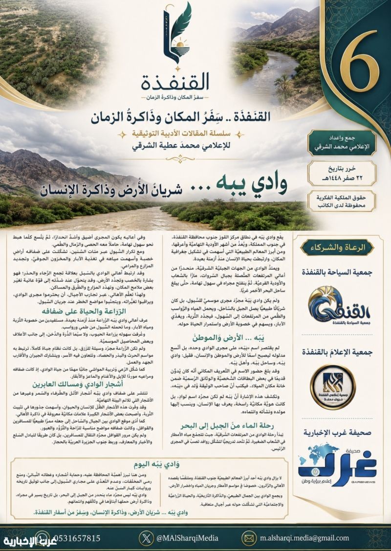 سلسلة مشروع" القنفذة … سِفْرُ المكان وذاكرةُ الزَّمان 6 : وادي يبه … شريان الأرض وذاكرة الإنسان