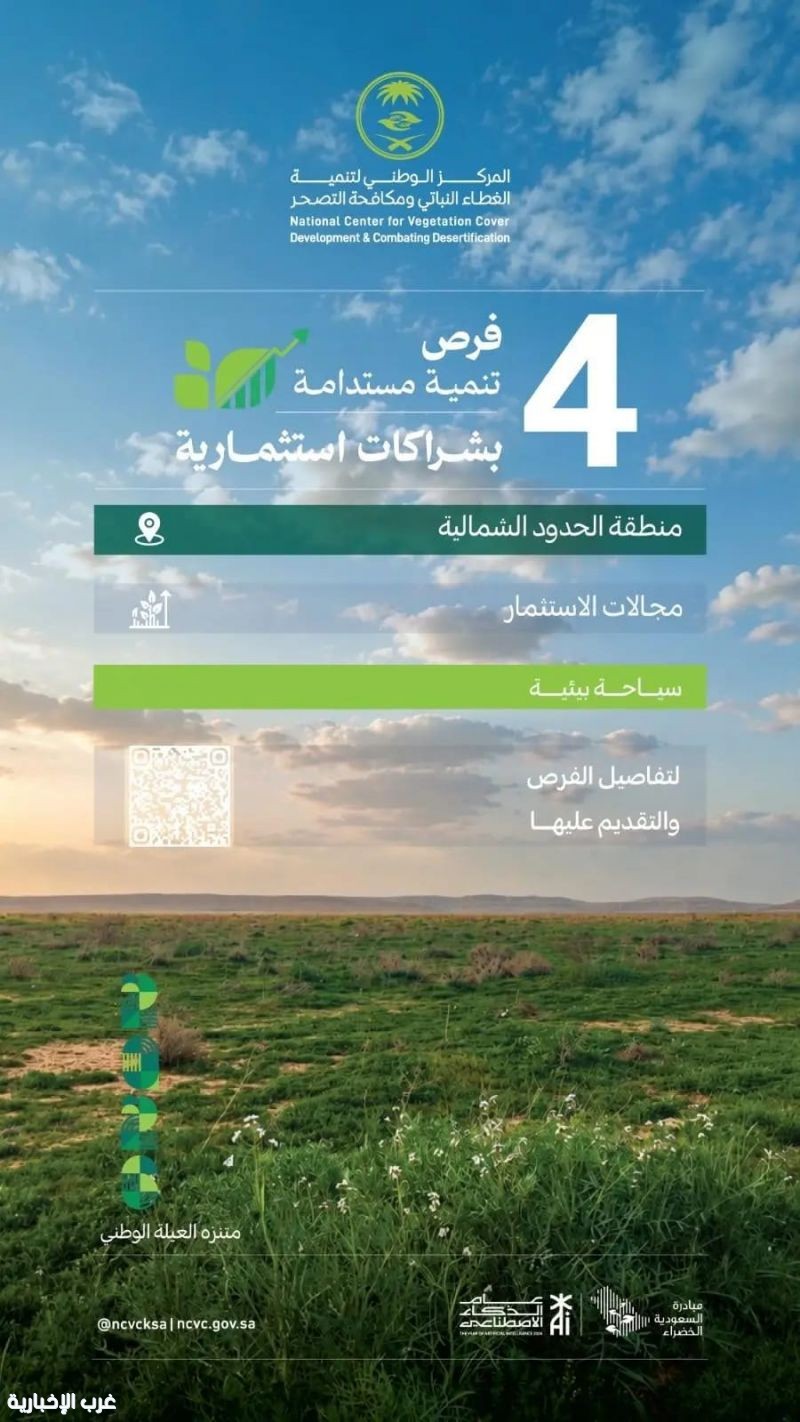 "مركز الغطاء النباتي" يطرح 4 فرص تنمية مستدامة بشراكات استثمارية في منطقة الحدود الشمالية "مركز الغطاء النباتي" يطرح 4 فرص تنمية مستدامة بشراكات استثمارية في منطقة الحدود الشمالية