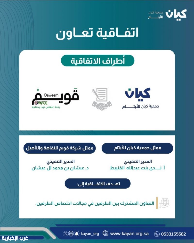 كيان للأيتام وقويم للنقاهة والتأهيل تعززان شراكتهما المجتمعية لمكافحة المؤثرات العقلية ودعم الصحة النفسية كيان للأيتام وقويم للنقاهة والتأهيل تعززان شراكتهما المجتمعية لمكافحة المؤثرات العقلية ودعم الصحة النفسية