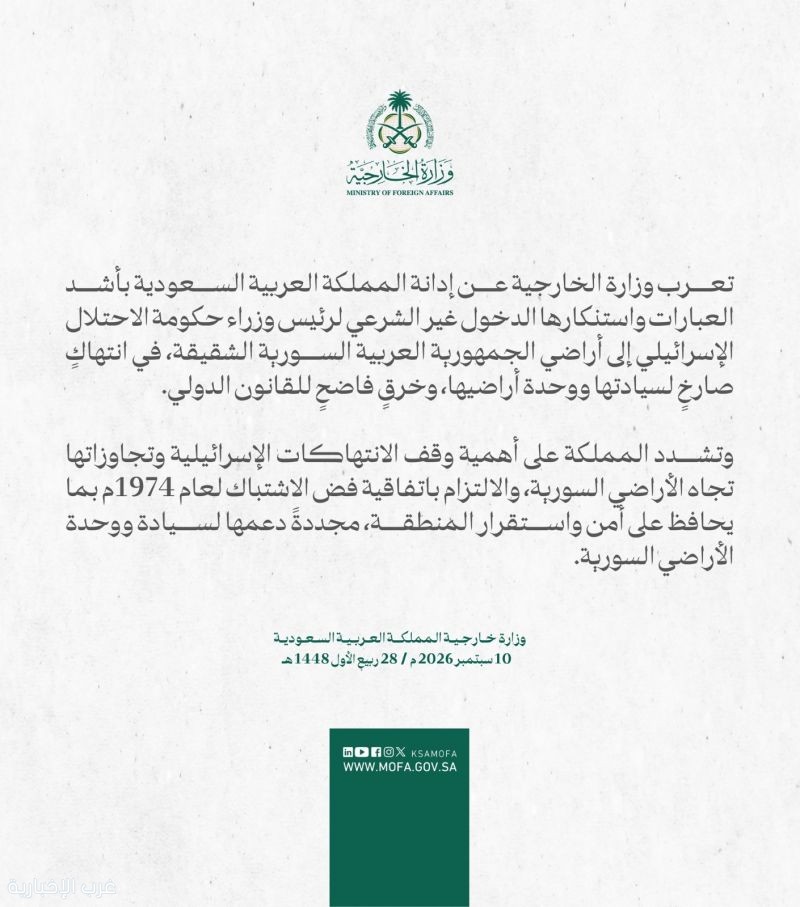 المملكة تدين وتستنكر بأشد العبارات الدخول غير الشرعي لرئيس وزراء حكومة الاحتلال الإسرائيلي إلى أراضي الجمهورية العربية السورية