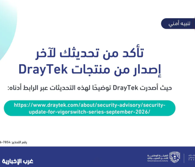 بمستوى خطورة "عالٍ جدًا".. "الأمن السيبراني" يحذر من ثغرات في أجهزة DrayTek ويدعو لتحديثها فوراً