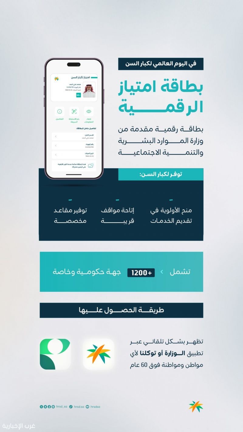 «الموارد البشرية» تطلق بطاقة امتياز رقمية لكبار السن ممن بلغوا 60 عاماً