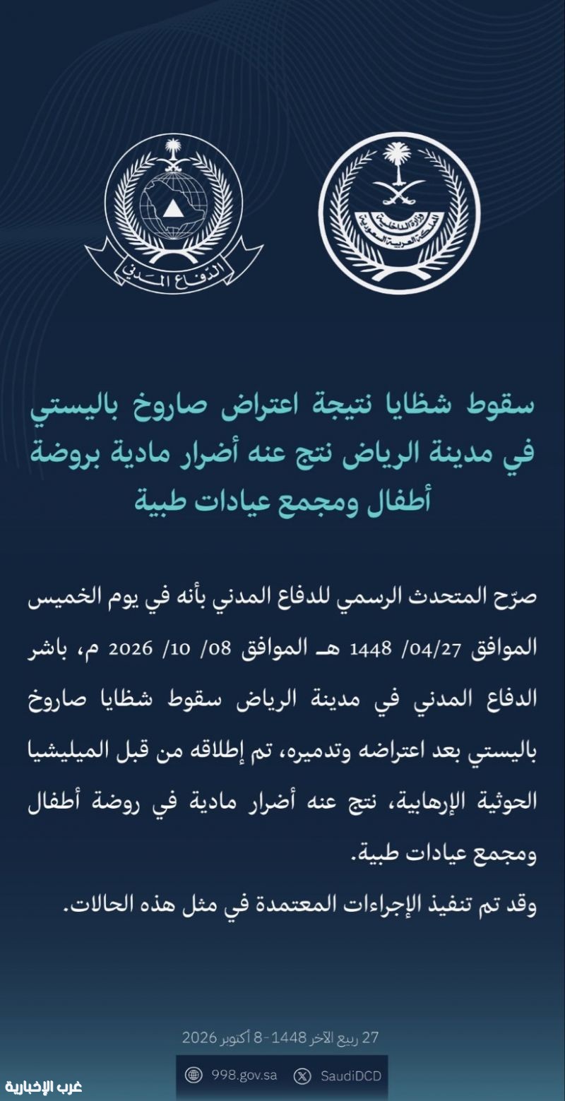 الدفاع المدني : سقوط شظايا نتيجة اعتراض صاروخ باليستي في مدينة الرياض الدفاع المدني : سقوط شظايا نتيجة اعتراض صاروخ باليستي في مدينة الرياض