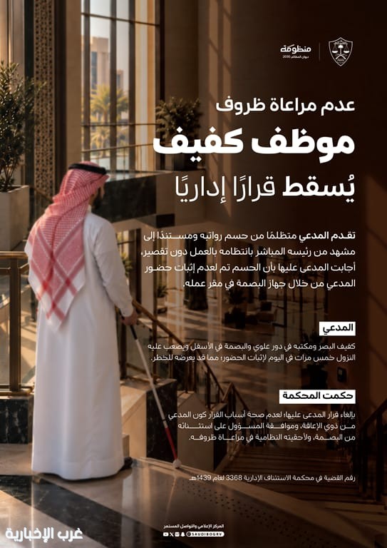بالتزامن مع مؤتمر الإعاقة والتأهيل.. ديوان المظالم يُلغي قرارًا أنصف موظفًا كفيفًا