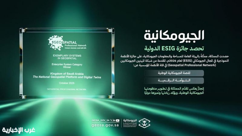 "الجيومكانية" تحصد جائزة ESIG الدولية عن المنصة الجيومكانية الوطنية والتوأمة الرقمية في مؤتمر GIS-Pro 2026 بالولايات المتحدة "الجيومكانية" تحصد جائزة ESIG الدولية عن المنصة الجيومكانية الوطنية والتوأمة الرقمية في مؤتمر GIS-Pro 2026 بالولايات المتحدة