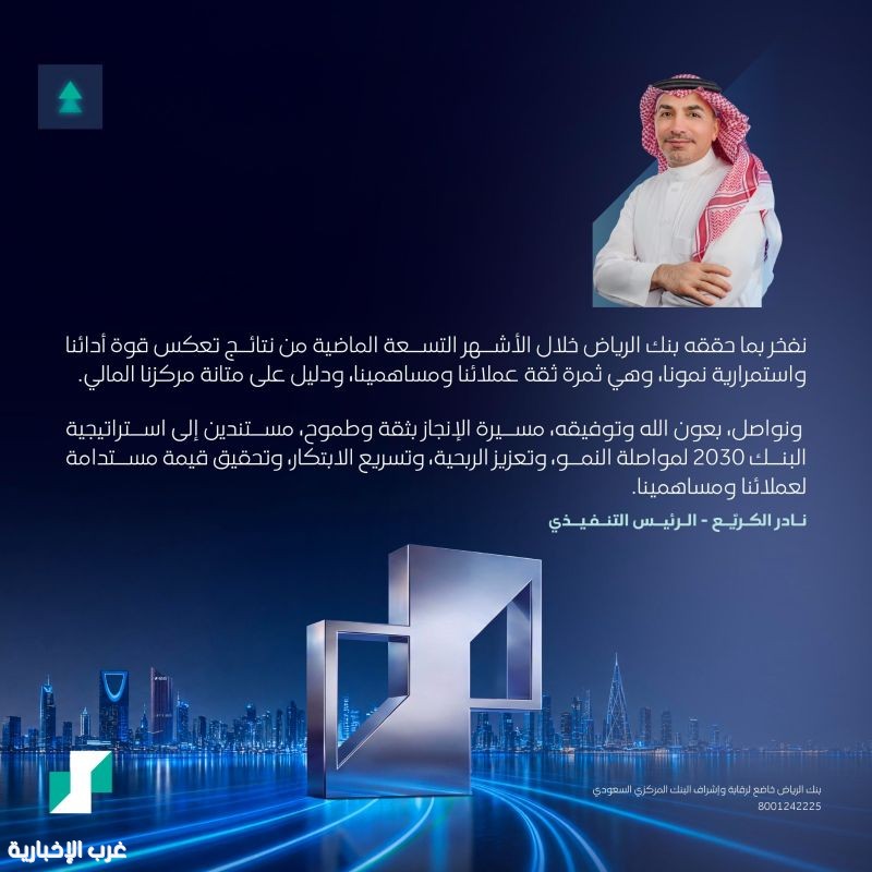 بنك الرياض يسجل صافي أرباح قدرها 8,128 مليون ريال بنهاية الربع الثالث لعام 2026م بنك الرياض يسجل صافي أرباح قدرها 8,128 مليون ريال بنهاية الربع الثالث لعام 2026م