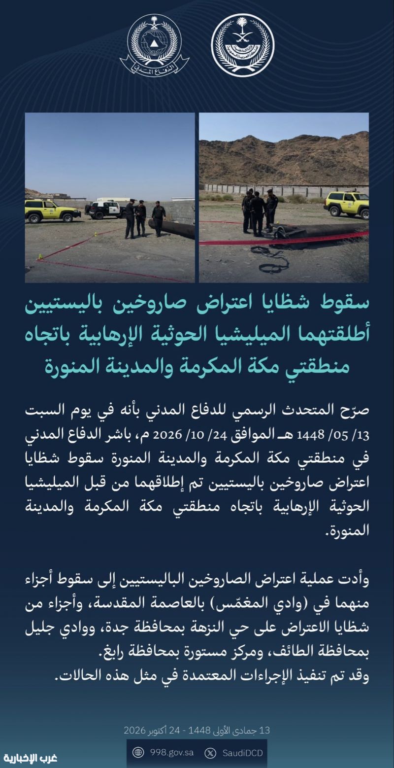 الدفاع المدني السعودي: سقوط شظايا اعتراض باليستيين أطلقهما الحوثي باتجاه مكة والمدينة