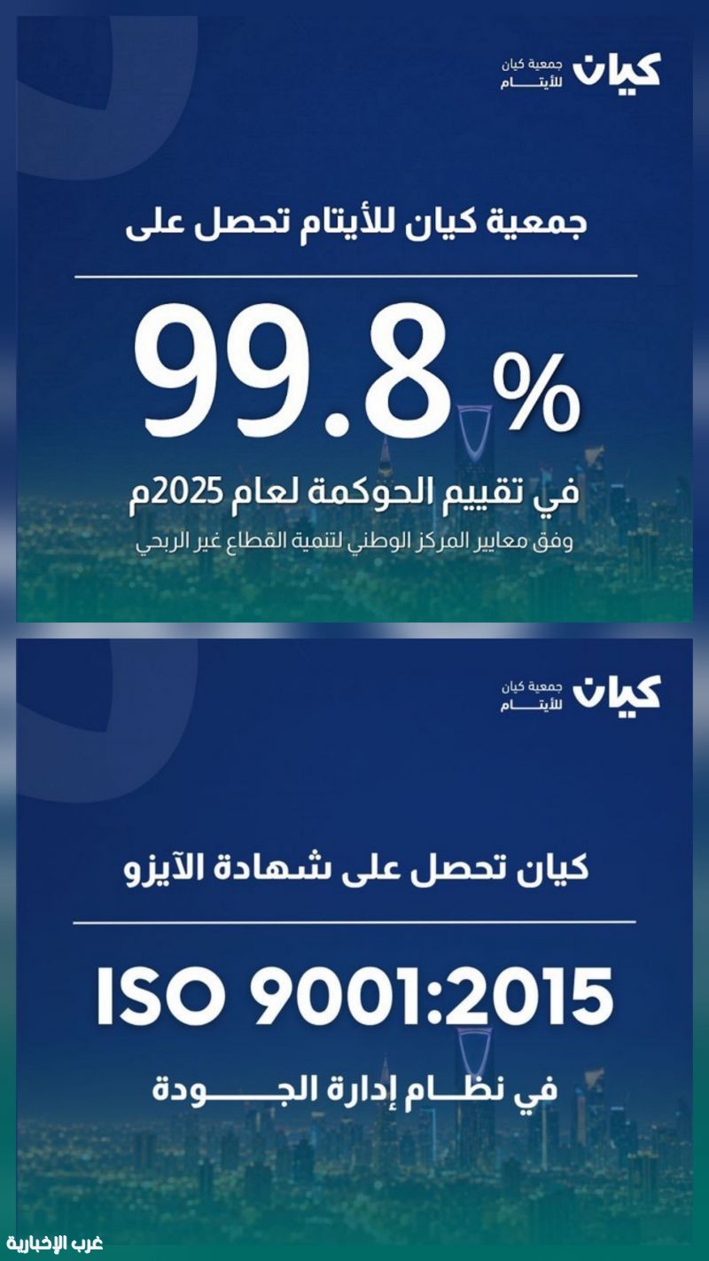 كيان للأيتام تحصد التميز المؤسسي 99.80% في الحوكمة وعلى شهادة الآيزو
