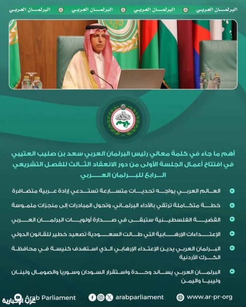 رئيس البرلمان العربي يؤكد تضامن البرلمان الكامل مع المملكة ودعم إجراءاتها لحماية أمنها وصون مقدراتها رئيس البرلمان العربي يؤكد تضامن البرلمان الكامل مع المملكة ودعم إجراءاتها لحماية أمنها وصون مقدراتها
