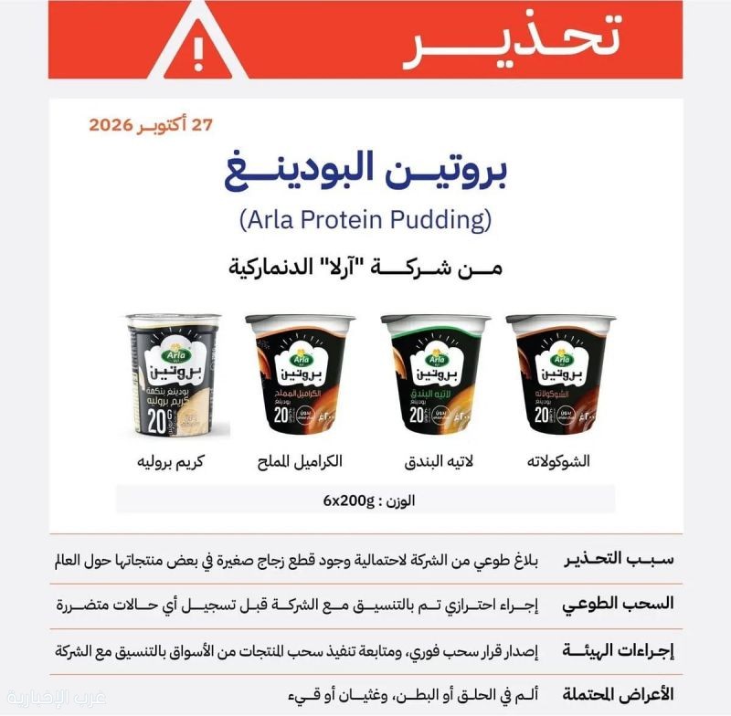 "الغذاء والدواء" تحذّر من منتجات بروتين البودينغ (arla protein pudding) لشركة "آرلا" الدنماركية
