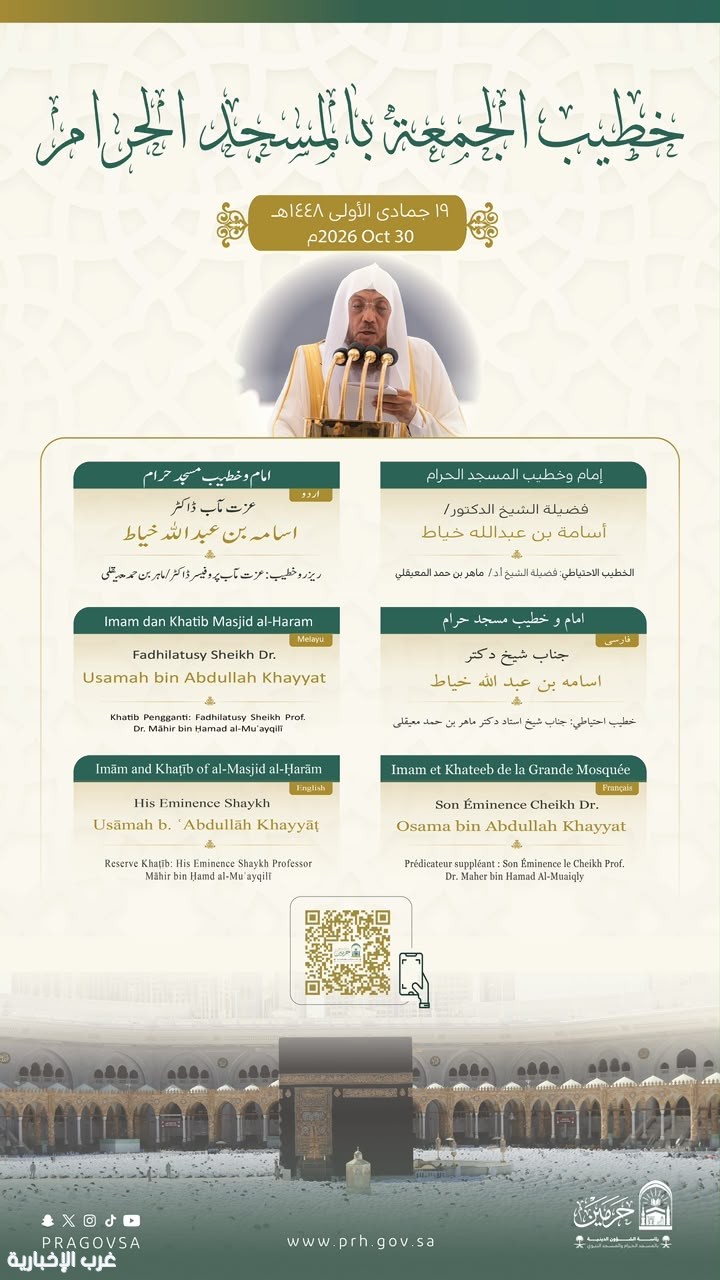 رئاسة الشؤون الدينية تعلن خطيبي الجمعة في الحرمين الشريفين رئاسة الشؤون الدينية تعلن خطيبي الجمعة في الحرمين الشريفين