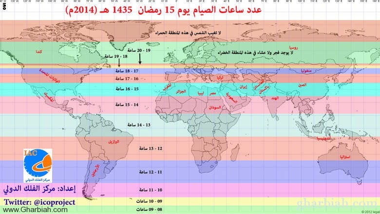 خريطة ساعات الصوم 14 باليمن وجنوب السعودية 15 بالخليج و 16 في بلاد الشام