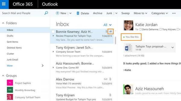 مايكروسوفت : تعمل على إضافة ميزة الإعجاب والإشارة إلى خدمة البريد الإلكتروني