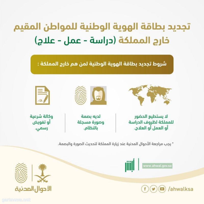 الأحوال المدنية تطلق خدمة تجديد الهوية الوطنية للسعوديين في الخارج