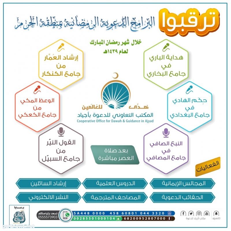 تضم (110) فعالية دعوية وتقام في ست جوامع غداً الخميس.. موعد انطلاقة البرامج الدعوية الرمضانية بمنطقة الحرم