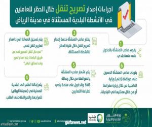 البلديات تتيح استخراج تصريح التنقل للعاملين بأنشطتها وقت المنع في الرياض من خلال بوابة "بلدي" الإلكترونية