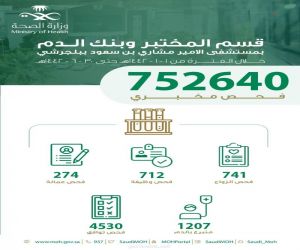 اكثر من 700 الف فحص مخبري بمستشفى الأمير مشاري خلال النصف الاول من العام الجاري 1442هـ