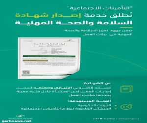 "التأمينات الاجتماعية" تطلق خدمة إصدار شهادة السلامة والصحة المهنية.