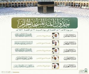 الشؤون الدينية تُعلن جدول الأئمة في الحرمين للفترة من ٦ إلى ١٢ ذي القعدة ١٤٤٦هـ