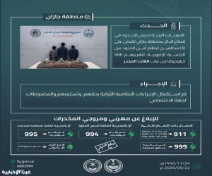 حرس الحدود يحبط تهريب 60 كجم من القات في جازان.. ضبط 3 مخالفين