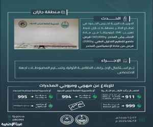 إحباط محاولة تهريب أكثر من 54 كيلوجرامًا من الحشيش وقرابة 345 ألف قرص مخدر في جازان