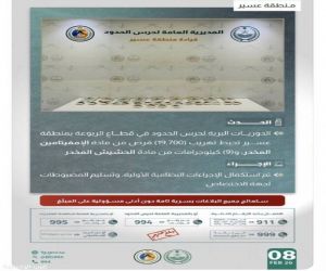 حرس الحدود بعسير يحبط تهريب آلاف الأقراص المخدرة وكيلوغرامات من الحشيش