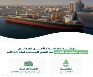 «الأمن الغذائي» تُرسّي الدفعة الرابعة من القمح المستورد لعام 2026م بكمية 661 ألف طن