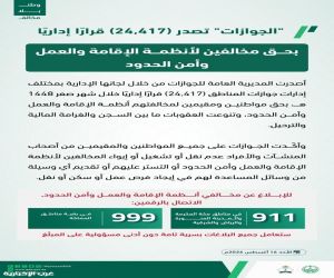 المديرية العامة للجوازات تصدر (24,417) قرارًا إداريًا بحق مخالفين لأنظمة الإقامة والعمل وأمن الحدود.