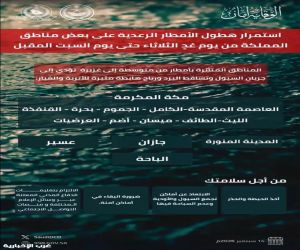 الدفاع المدني: استمرار هطول الأمطار الرعدية على بعض مناطق المملكة من يوم غدٍ الثلاثاء حتى يوم السبت المقبل