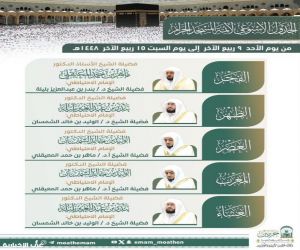 رئاسة الشؤون الدينية تنشر الجدول الأسبوعي لأئمة الحرمين الشريفين